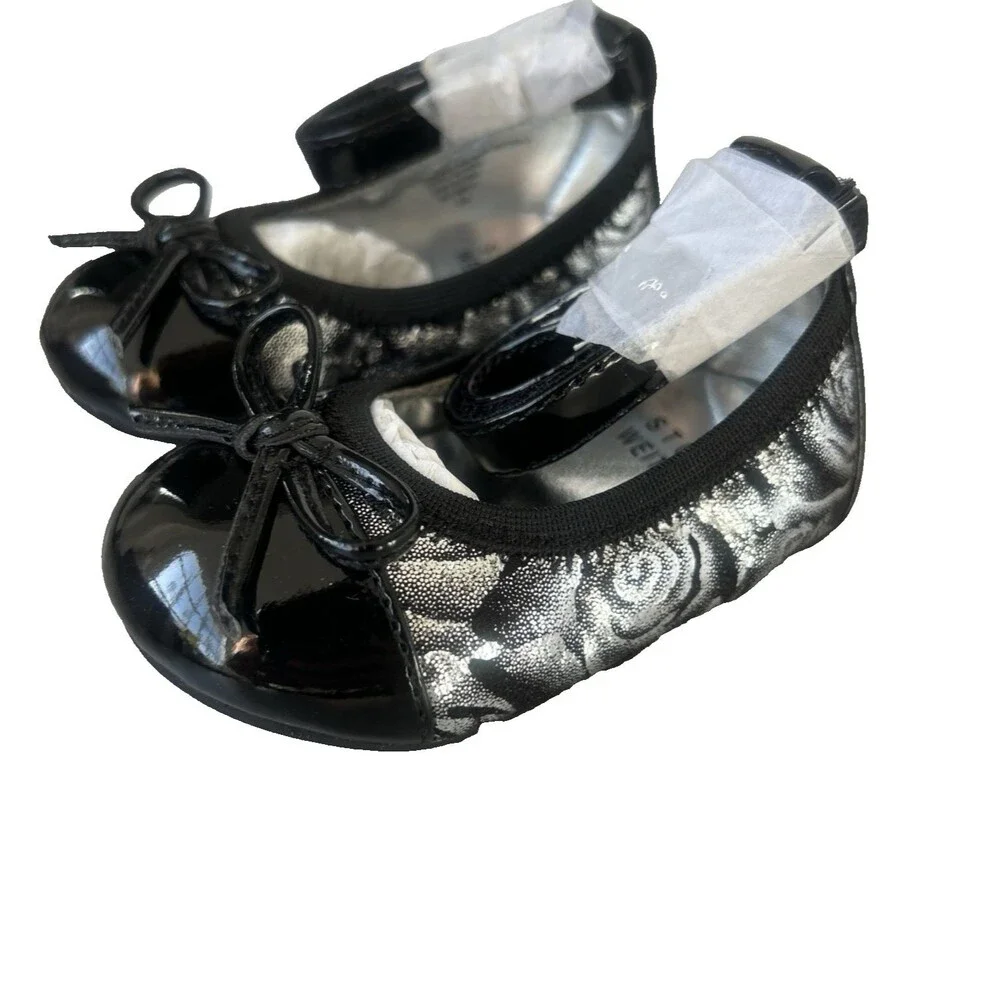 Stuart Weitzman Baby Paliava Silver Black Baby Ballet Shoes w/Bow Sz 2 3-6M NEW